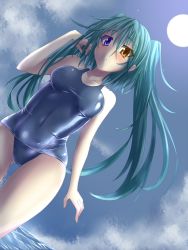Rule 34 | 1girl, bad id, bad pixiv id, covered navel, dutch angle, full moon, green hair, heterochromia, highres, long hair, moon, moonlight, one-piece swimsuit, original, rebecca arcane, school swimsuit, shiny clothes, solo, suterii, swimsuit, twintails