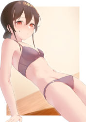 Rule 34 | 1girl, arm support, ass, bare arms, bare shoulders, blush, breasts, brown hair, cowboy shot, groin, highres, kantai collection, looking at viewer, mole, navel, o-ring, orange eyes, sakieko, small breasts, solo, souya (kancolle), thighs, underwear, underwear only