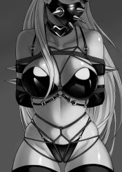 Rule 34 | 1girl, armband, arms behind back, bdsm, black sclera, bondage, bound, breasts, collarbone, colored sclera, earrings, greyscale, head out of frame, highres, horned mask, jewelry, kaijin hime do-s, large breasts, long hair, mask, masked, monochrome, mouth mask, o-ring, o-ring bottom, o-ring panties, o-ring top, one-punch man, pagong, panties, shade, shibari, shibari over clothes, shiny skin, solo, underwear, very long hair