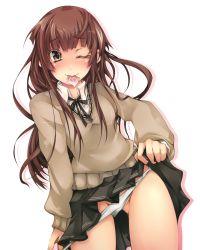 Rule 34 | 1girl, amagami, blush, breasts, brown eyes, brown hair, clothes lift, condom, condom in mouth, highres, kamizaki risa, long hair, mouth hold, one eye closed, panties, panty pull, pleated skirt, school uniform, serizawa mutsuki, shirt lift, skirt, smile, solo, sweater, transparent background, underwear, undressing, white panties, wink