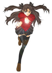 Rule 34 | 00s, 1girl, black hair, black thighhighs, blue eyes, fate/stay night, fate (series), glowing, glowing hand, legs, lens flare, long legs, running, solo, thighhighs, tohsaka rin, toshibou (satsukisou), turtleneck, twintails, two side up, zettai ryouiki