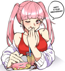 Rule 34 | 1340smile, 1girl, ;), ;q, anniversary, bare shoulders, blush, bubble tea, doughnut, female focus, fire emblem, fire emblem: three houses, food, highres, hilda valentine goneril, long hair, looking at viewer, matching hair/eyes, nintendo, off shoulder, one eye closed, pink eyes, pink hair, simple background, smile, solo, speech bubble, tongue, tongue out, twintails, upper body, very long hair, white background, wink