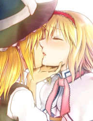 Rule 34 | 2girls, alice margatroid, bad id, bad pixiv id, blonde hair, blush, closed eyes, female focus, french kiss, grabbing another&#039;s chin, hairband, hand on another&#039;s head, hat, kirisame marisa, kiss, kiyohisa, lips, long hair, multiple girls, open mouth, ribbon, saliva, short hair, toraneko, touhou, witch, witch hat, yuri