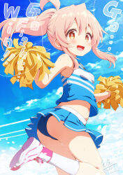 Rule 34 | 1girl, ahoge, artist name, ass, blue panties, blue shirt, blue skirt, blue sky, blush, breasts, cloud, day, english text, genderswap, genderswap (mtf), hands up, highres, holding, holding pom poms, leg up, legs, long hair, looking at viewer, miniskirt, navel, onii-chan wa oshimai!, outdoors, oyama mahiro, panties, pink footwear, pink hair, pom pom (cheerleading), pom poms, ponytail, shirt, sidelocks, skirt, sky, small breasts, socks, solo, soutou, stomach, stomach day, sweat, tank top, thighs, twitter username, underwear, wavy mouth, white socks, yellow eyes