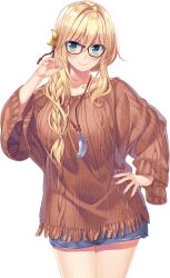 Rule 34 | 1girl, :&gt;, black-framed eyewear, blue eyes, blush, braid, breasts, chika (uchi no koibito), closed mouth, cowboy shot, eyebrows hidden by hair, female focus, game cg, glasses, hair between eyes, hair ornament, hand on own hip, highres, jewelry, large breasts, legs, long hair, looking at viewer, moon hair ornament, necklace, original, simple background, single braid, skirt, smile, solo, standing, tachi-e, thighs, transparent background, uchi no koibito, wide sleeves, yamakaze ran