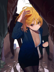 Rule 34 | (some1else45), 1girl, 3boys, absurdres, alley, blonde hair, blue jacket, blue skirt, breasts, cleavage, clenched hand, closed mouth, fighting stance, hand up, highres, jacket, light frown, medium breasts, multiple boys, muscular, muscular male, office lady, orange eyes, outdoors, pantyhose, partially unbuttoned, pencil skirt, sekoshi (some1else45), short hair, skirt, solo focus, some1else45, suit jacket, tank top