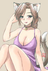 Rule 34 | 1girl, animal ears, bare arms, bare shoulders, bell, neck bell, blush, breasts, brown eyes, brown hair, cat ears, cat girl, cat tail, choker, cleavage, closed mouth, collar, dress, ebifly, covered erect nipples, feet out of frame, grey background, hand up, jingle bell, knees together feet apart, large breasts, lipstick, long hair, looking at viewer, makeup, mole, mole under eye, original, purple dress, red choker, red lips, red lips, simple background, sitting, smile, solo, tail