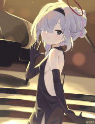 Rule 34 | 1girl, absurdres, alternate costume, alternate hairstyle, backless dress, backless outfit, black dress, black gloves, black hairband, blue archive, blunt bangs, breasts, dress, elbow gloves, gloves, grand piano, grey hair, hair over one eye, hairband, halo, highres, instrument, kmp (kenma pro), light smile, looking at viewer, looking to the side, multicolored hair, one eye covered, piano, pink hair, plana (blue archive), small breasts, solo, stairs, streaked hair, twitter username, two-tone hair