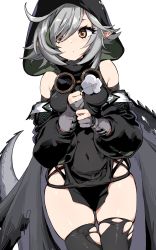 Rule 34 | 1girl, absurdres, ahoge, arknights, black shirt, black thighhighs, breasts, clenched hands, covered navel, cowboy shot, crocodilian tail, detached sleeves, flower, gloves, goggles, goggles around neck, green hair, grey hair, highres, hood, hood up, hooded shirt, kinbakuman, light blush, long sleeves, looking at viewer, multicolored hair, partially fingerless gloves, pelvic curtain, pointy ears, shirt, short hair, simple background, sleeveless, sleeveless shirt, small breasts, solo, streaked hair, tail, thighhighs, thighs, tomimi (arknights), torn clothes, torn thighhighs, white background, white flower, yellow eyes
