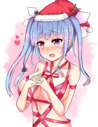 Rule 34 | 10s, 1girl, bad id, bad pixiv id, blue hair, blush, fang, hair ornament, hat, heart, heart-shaped pupils, i-19 (kancolle), kantai collection, long hair, naigou, naked ribbon, neneru, open mouth, own hands together, red eyes, ribbon, santa hat, solo, symbol-shaped pupils, twintails