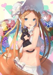 Rule 34 | 1girl, abigail williams (fate), abigail williams (swimsuit foreigner) (fate), abigail williams (swimsuit foreigner) (third ascension) (fate), bare shoulders, bikini, black cat, blonde hair, blue eyes, blush, bonnet, bow, braid, braided hair rings, breasts, cat, fate/grand order, fate (series), forehead, hair bow, hair rings, heart, innertube, long hair, looking at viewer, miniskirt, navel, open mouth, parted bangs, shin716, sidelocks, simple background, skirt, small breasts, smile, solo, swim ring, swimsuit, twin braids, twintails, very long hair, white background, white bikini, white bow, white headwear