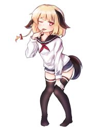 Rule 34 | 1boy, :p, animal ears, bad id, bad twitter id, black thighhighs, blonde hair, denim, denim shorts, dog ears, dog tail, finger to mouth, full body, hand on own thigh, highres, kosobin, leaning forward, male focus, naughty face, one eye closed, original, red eyes, shirt, short hair, short shorts, shorts, simple background, smile, solo, tail, thighhighs, tongue, tongue out, trap, white background, white shirt