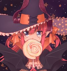 Rule 34 | 1girl, bat (animal), blue eyes, blush, candy, covering own mouth, earrings, elizabeth bathory (fate), elizabeth bathory (fate/extra ccc), elizabeth bathory (halloween caster) (fate), fate/grand order, fate (series), food, hair ribbon, hat, high collar, highres, horns, jewelry, lollipop, looking at viewer, mozu (teluto), pink hair, pointy ears, ribbon, sky, solo, star (sky), star (symbol), star print, starry sky, two side up, upper body, witch hat
