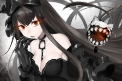 Rule 34 | 10s, 1girl, abyssal ship, bare shoulders, black bow, black hair, bow, breasts, choker, claws, colored skin, female focus, glowing, glowing eyes, gothic lolita, hair bow, highres, kantai collection, large breasts, lolita fashion, long hair, red eyes, sakiryo kanna, seaplane tender princess, smile, solo, white skin