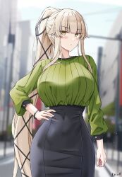 Rule 34 | 1girl, arai hitomi (rc f), artist name, black skirt, blonde hair, blush, borrowed character, breasts, brown eyes, city, closed mouth, commission, day, green shirt, hair ribbon, hand on own hip, high-waist skirt, highres, keenh, large breasts, leather, leather skirt, long hair, long sleeves, looking at viewer, medium skirt, mole, mole under eye, original, outdoors, pencil skirt, ribbon, serious, shirt, skirt, solo, standing, very long hair