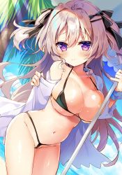 Rule 34 | 1girl, absurdres, bare shoulders, bikini, black bikini, breasts, cleavage, cowboy shot, day, floating hair, groin, hair ornament, hair ribbon, hairclip, halterneck, halterneck, highres, holding, jacket, large breasts, long hair, looking at viewer, natsuki marina, navel, off shoulder, open clothes, open jacket, original, outdoors, palm tree, purple eyes, ribbon, silver hair, skindentation, smile, solo, stomach, string bikini, swimsuit, thighs, tree, two side up, very long hair, white jacket