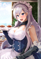 Rule 34 | 1girl, :d, azur lane, bare shoulders, belfast (azur lane), blue eyes, blush, braid, breasts, chain, cleavage, collar, commentary request, elbow gloves, covered erect nipples, french braid, gloves, highres, kanzaki kureha, large breasts, long hair, looking at viewer, maid, maid headdress, open mouth, silver hair, smile, solo, tray