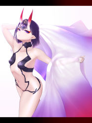 Rule 34 | 1girl, bare shoulders, bob cut, breasts, collarbone, eyeliner, fate/grand order, fate (series), haiiro gundan, headpiece, highres, horns, japanese clothes, kimono, long sleeves, looking at viewer, makeup, navel, oni, open clothes, open kimono, open mouth, purple eyes, purple hair, purple kimono, revealing clothes, short hair, shuten douji (fate), simple background, skin-covered horns, small breasts, thighs, white background, wide sleeves