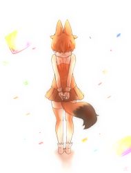 Rule 34 | 1girl, animal ears, arms behind back, backlighting, bare arms, bare shoulders, boots, brown skirt, commentary, dhole (kemono friends), facing away, from behind, full body, fur collar, gloves, highres, kemono friends, orange hair, pleated skirt, sandstar, shirt, short hair, skirt, sleeveless, sleeveless shirt, solo, tail, thighhighs, thin (suzuneya), white footwear, white gloves, zettai ryouiki