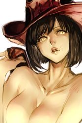 Rule 34 | 1girl, arc system works, black hair, breasts, cleavage, collarbone, guilty gear, hat, hungry clicker, i-no, large breasts, mole, red hat, short hair, solo, topless, witch hat, yellow eyes