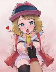 Rule 34 | 1boy, 1girl, absurdres, artsheops, ash ketchum, black thighhighs, blonde hair, blue eyes, blush, breasts, character food, creatures (company), fingerless gloves, food, game freak, gen 1 pokemon, gloves, hat, heart, heart-shaped pupils, highres, holding, holding food, nintendo, nipples, open mouth, pikachu, pokemon, pokemon (anime), pokemon xy (anime), red headwear, serena (pokemon), short hair, sitting, symbol-shaped pupils, thighhighs, thighs, tongue