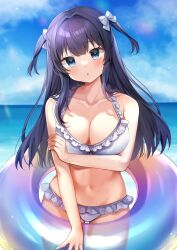 Rule 34 | 1girl, :o, bare arms, bare shoulders, bikini, blue eyes, blue sky, blush, bow, breasts, cleavage, cloud, cloudy sky, collarbone, commentary request, day, frilled bikini, frills, grey bikini, groin, hair bow, hair intakes, head tilt, highres, horizon, innertube, large breasts, long hair, minami saki, navel, ocean, original, outdoors, parted lips, purple hair, sky, solo, swim ring, swimsuit, two side up, very long hair, water, white bow