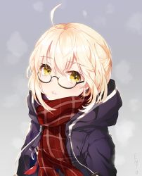 Rule 34 | 1girl, ahoge, artoria pendragon (all), artoria pendragon (fate), bad id, bad pixiv id, black jacket, blonde hair, blue shirt, blush, coat, colored eyelashes, double bun, emyo, eyelashes, fate/grand order, fate (series), glasses, grey background, hair between eyes, hair bun, heroine x alter, hood, hooded jacket, jacket, long sleeves, looking at viewer, mysterious heroine x alter (fate), mysterious heroine x alter (first ascension) (fate), parted lips, portrait, red scarf, saber (fate), saber (fate/stay night), saber alter, scarf, shirt, short hair, signature, solo, upper body, winter, yellow eyes