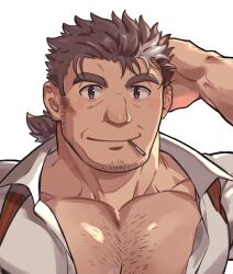 Rule 34 | 1boy, bara, beard stubble, brown hair, chest hair, cigarette, facial hair, hand on own head, highres, large pectorals, long sideburns, looking at viewer, male focus, mature male, miha yu1, mononobe kyoma, multicolored hair, muscular, muscular male, necktie, partially unbuttoned, pectoral cleavage, pectorals, portrait, sideburns, smile, solo, streaked hair, stubble, thick eyebrows, tokyo houkago summoners, undone necktie, white hair