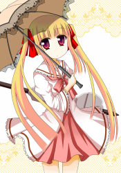 Rule 34 | 1girl, blonde hair, dress, long hair, looking at viewer, minami (colorful palette), original, red eyes, school uniform, solo, twintails, umbrella, weapon