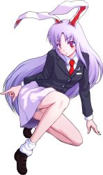 Rule 34 | 1girl, animal ears, arm support, blazer, crescent, female focus, full body, jacket, loafers, long hair, looking at viewer, loose socks, m-shiganai, necktie, on one knee, panties, pointing, purple eyes, rabbit ears, red eyes, reisen udongein inaba, shoes, socks, solo, striped clothes, striped panties, touhou, transparent background, underwear, very long hair