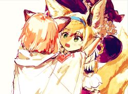 Rule 34 | 2girls, animal ears, arknights, blonde hair, blue hairband, blush, coat, commentary request, earpiece, fox ears, fox girl, fox tail, green eyes, hairband, highres, kitsune, kyuubi, multiple girls, multiple tails, open mouth, pink hair, short hair, sussurro (arknights), sutoa, suzuran (arknights), tail, white coat
