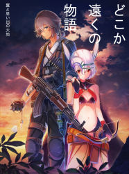 Rule 34 | 1boy, 1girl, black gloves, blue eyes, bow (weapon), breasts, cleavage, cloud, cloudy sky, collarbone, dog tags, fantasy, fingerless gloves, gloves, graphite (medium), grey hair, gun, highres, holding, holding bow (weapon), holding weapon, inzanaki, looking at another, navel, original, outdoors, red eyes, short hair, sky, small breasts, sunset, traditional media, translation request, weapon, white hair