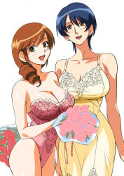 Rule 34 | 2girls, :d, bare shoulders, blue hair, blush, bouquet, braid, breasts, brown hair, chemise, cirima, cleavage, covered erect nipples, cowboy shot, curvy, daimon sayuri, digimon, digimon savers, drill hair, floral print, flower, frills, from side, green eyes, hair between eyes, hair over shoulder, holding, lace, large breasts, leotard, lingerie, lipstick, long hair, makeup, mature female, multiple girls, nightgown, noguchi misuzu, open mouth, orange eyes, parted bangs, pink flower, pink rose, red flower, red hair, red rose, ribbon, rose, short hair, side ponytail, simple background, smile, standing, swept bangs, taut clothes, teddy (lingerie), underwear, underwear only, volvox, white background, wide hips, yellow eyes