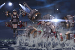 Rule 34 | 10s, 2girls, aircraft, bare shoulders, bismarck (kancolle), blonde hair, blue eyes, boeing, boeing defense, space &amp; security, ch-47 chinook, crossover, detached sleeves, giant, giantess, gloves, gradient background, hair ornament, hat, helicopter, kantai collection, long hair, maku ro, military, military hat, military uniform, multiple girls, night, ocean, open mouth, pacific rim, peaked cap, prinz eugen (kancolle), skirt, splashing, twintails, uniform, v-50 jumphawk, water