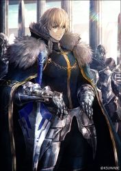 Rule 34 | 3boys, armor, blonde hair, blue eyes, cape, colonnade, column, commentary request, excalibur galatine (fate), fate/grand order, fate (series), fur trim, gauntlets, gawain (fate), gawain (fate), greaves, hands on own hips, helmet, k-suwabe, knight, male focus, multiple boys, pillar, short hair, smile, sunlight, sword, twitter username, weapon, window
