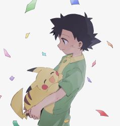 Rule 34 | 1boy, absurdres, ash ketchum, black hair, closed mouth, commentary request, confetti, creatures (company), from side, game freak, gen 1 pokemon, green shirt, green shorts, highres, holding, holding pokemon, kurage2535, male focus, nintendo, pikachu, pokemon, pokemon (anime), pokemon (classic anime), pokemon (creature), pokemon ep001, shirt, short hair, short sleeves, shorts, simple background, smile, white background