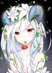 Rule 34 | 1girl, animal ears, bare shoulders, breasts, cherry, cleavage, collarbone, crying, crying with eyes open, facial mark, flower, food, food in mouth, fruit, glowing, hair between eyes, hair flower, hair ornament, highres, horns, long hair, looking to the side, mole, mole under eye, mouth hold, original, petals, plant, red eyes, small breasts, solo, takumin (takumi415), tears, upper body, vines, white flower, white hair