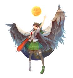 Rule 34 | 1girl, ahoge, ankle boots, arm cannon, armor, asymmetrical footwear, bird wings, black hair, black thighhighs, blouse, boots, bow, cape, feathered wings, full body, greaves, green skirt, hair bow, highres, layered skirt, long hair, looking at viewer, mismatched footwear, open mouth, pigeon-toed, pleated skirt, pointing, pointing up, puffy short sleeves, puffy sleeves, red eyes, reiuji utsuho, shirt, short sleeves, simple background, skirt, solo, sun, thighhighs, third eye, touhou, very long hair, weapon, white background, white shirt, wings, yuren, zettai ryouiki