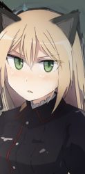 Rule 34 | 1girl, animal ears, bad id, bad twitter id, blonde hair, blush, cat ears, frown, green eyes, heinrike prinzessin zu sayn-wittgenstein, hirschgeweih antennas, long hair, looking at viewer, military, military uniform, ohashi (hashidate), open mouth, simple background, solo, strike witches, uniform, upper body, world witches series