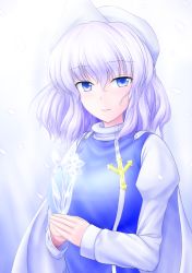 Rule 34 | 1girl, absurdres, blue eyes, blue theme, blush, female focus, flower, gradient background, hat, highres, ice, ice flower, letty whiterock, light purple hair, short hair, smile, solo, touhou, y2