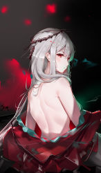 Rule 34 | 1girl, absurdres, arknights, artist name, back, back focus, bare back, bare shoulders, black background, commentary request, dress, from behind, highres, long hair, looking at viewer, looking back, no headwear, off shoulder, official alternate costume, profile, red dress, red eyes, scup, signature, silver hair, skadi (arknights), skadi the corrupting heart (arknights), solo, upper body