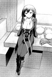 Rule 34 | 1girl, banana, boots, bread, breasts, christia (dungeon tou de yadoya wo yarou), cleavage, closed mouth, dungeon tou de yadoya wo yarou, food, fruit, full body, greyscale, hair ornament, highres, indoors, jacket, large breasts, leaf, long hair, long sleeves, looking at viewer, monochrome, pants, sitting, smile, solo, table, yuuki shin&#039;ichi