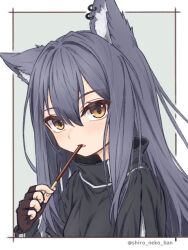 Rule 34 | 1girl, animal ear fluff, animal ears, arknights, black capelet, black gloves, black hair, brown eyes, capelet, commentary request, cropped torso, fingerless gloves, food, food in mouth, gloves, grey background, hair between eyes, holding, holding food, long hair, long sleeves, looking at viewer, parted lips, pocky, shironekoban, solo, texas (arknights), twitter username, two-tone background, upper body, white background