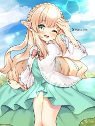 Rule 34 | 1girl, :d, arm up, blonde hair, blush, bow, braid, breasts, cloud, cloudy sky, commission, day, dress, elf, feet out of frame, flower, french braid, green dress, green eyes, hair flower, hair ornament, highres, holding, holding clothes, holding dress, jacket, juugou taki, long hair, long sleeves, one eye closed, open mouth, original, outdoors, pointy ears, red bow, skeb commission, sky, small breasts, smile, solo, standing, sunlight, twitter username, wavy hair, white jacket, wide sleeves
