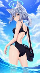 Rule 34 | 1girl, :/, animal ear fluff, animal ears, ass, back, backless swimsuit, bag, bare arms, blue archive, blue eyes, blue sky, blush, breasts, cat ears, cloud, cloudy sky, competition swimsuit, cross hair ornament, day, grey hair, hair ornament, halo, highres, kes 0210, looking at viewer, looking back, medium breasts, medium hair, mismatched pupils, multicolored hair, one-piece swimsuit, outdoors, partially underwater shot, ponytail, shiroko (blue archive), shiroko (swimsuit) (blue archive), shoulder bag, sidelocks, sky, solo, standing, swimsuit, two-tone hair, wading, water