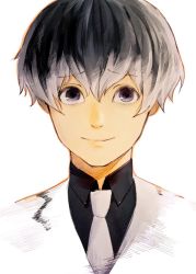Rule 34 | 1boy, black shirt, closed mouth, collared shirt, commentary request, grey eyes, grey hair, hair between eyes, highres, jacket, looking at viewer, male focus, necktie, sako (35s 00), sasaki haise, shirt, simple background, smile, solo, tokyo ghoul, white background, white jacket, white necktie