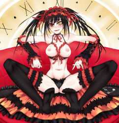 Rule 34 | 10s, 1girl, bad id, bad pixiv id, black hair, black panties, blush, breastless clothes, breasts, cameltoe, choker, cleft of venus, clock, clock eyes, couch, date a live, detached sleeves, fang, feet, frilled thighhighs, frills, hairband, heterochromia, highres, large breasts, licking lips, lolita hairband, m/, maid headdress, naughty face, navel, nipples, panties, red eyes, shoujo donburi, showgirl skirt, sitting, solo, spread legs, symbol-shaped pupils, thighhighs, tokisaki kurumi, tongue, tongue out, uncensored, underwear