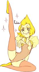 Rule 34 | 1girl, arm support, artist request, ballet slippers, blonde hair, colored skin, english text, eyeshadow, female focus, flat chest, flat color, full body, leg up, leotard, makeup, on floor, pointing, pointing at viewer, pointy nose, short hair, simple background, smile, smirk, smug, solo, sparkle, spread legs, steven universe, text focus, thighhighs, truth, white background, yellow eyes, yellow pearl, yellow pearl (steven universe), yellow skin