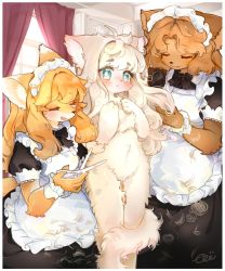 Rule 34 | 3girls, :3, animal ears, animal hands, animal nose, apron, aqua eyes, artist name, black dress, blonde hair, blue eyes, blue hair, blush, body fur, border, brown fur, brown hair, brushing another&#039;s hair, cat ears, cat girl, cat tail, closed eyes, closed mouth, clothed female nude female, completely nude, curtains, cutting hair, day, dress, female focus, flat chest, fluffy, fox ears, fox girl, frilled apron, frills, furry, furry female, hair intakes, hand on another&#039;s thigh, hands on own chest, hands up, happy, highres, holding, holding scissors, indoors, legs together, long hair, looking at viewer, maid, maid apron, maid headdress, multiple girls, nose blush, nude, open mouth, original, pawpads, puffy short sleeves, puffy sleeves, scissors, short sleeves, sidelocks, signature, smile, snout, standing, tai tai kun, tail, two-tone fur, u u, white apron, white border, white fur, white hair, window, wrist cuffs, yellow fur