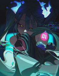 Rule 34 | 1girl, blue hair, commentary, creatures (company), detached sleeves, game freak, ghost miku (project voltage), glitch, green hair, hair between eyes, hatsune miku, highres, k00s, long hair, looking at viewer, multicolored hair, nintendo, pokemon, project voltage, shirt, shoulder tattoo, simple background, sleeveless, sleeveless shirt, sleeves past fingers, sleeves past wrists, solo, tattoo, twintails, very long hair, vocaloid, yellow eyes